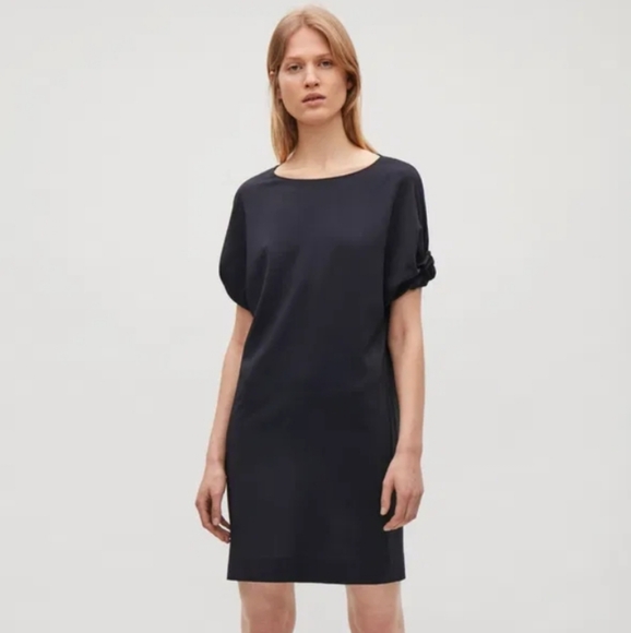 cos navy silk dress COS Women's Gathered Washed- Midi Shirt Dress in Navy | Silk